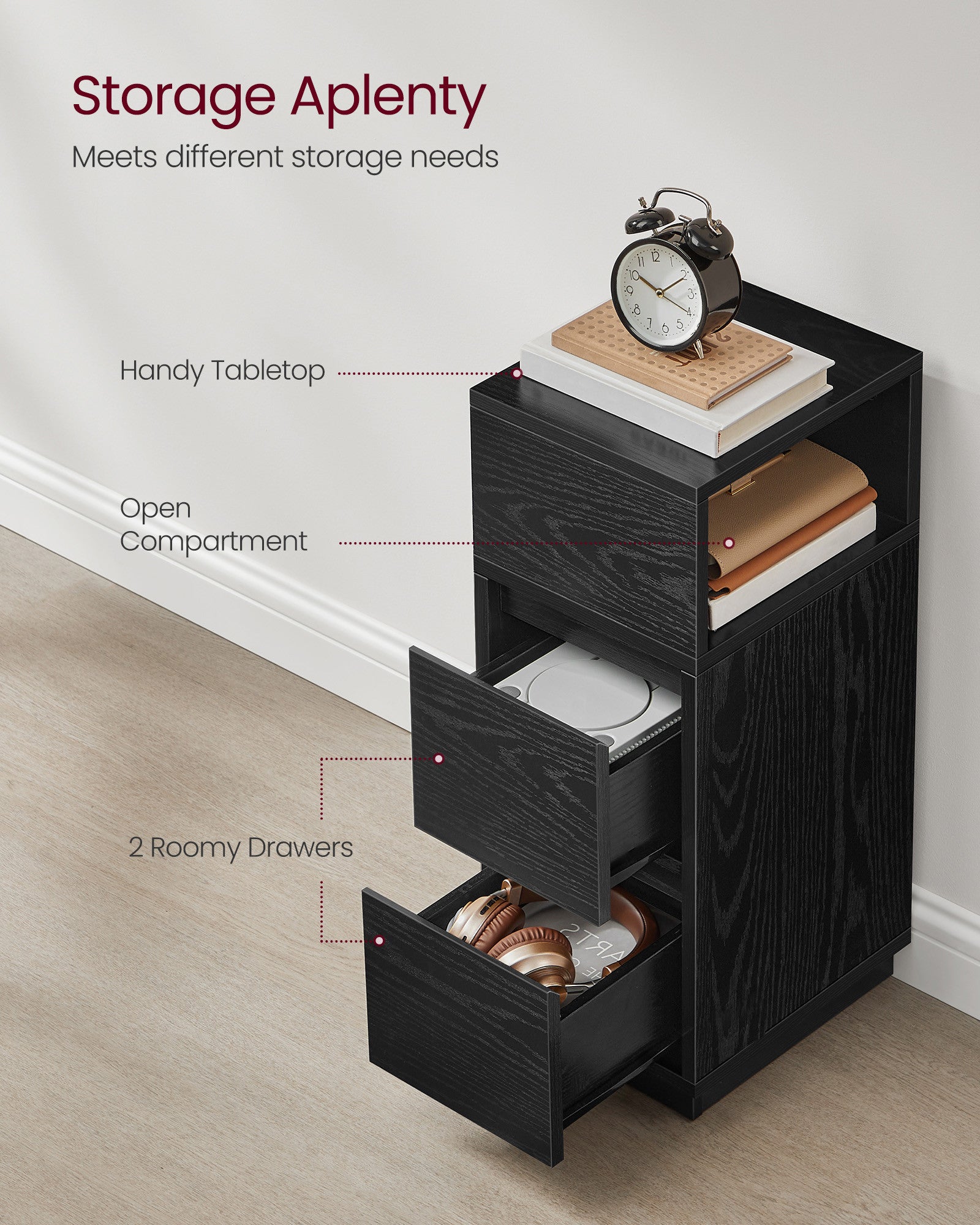 VASAGLE KAILYN-mallisto kapea yöpöytä – eebeninmusta sivupöytä kahdella laatikolla ja avohyllyllä, 25 x 30 x 65 cm