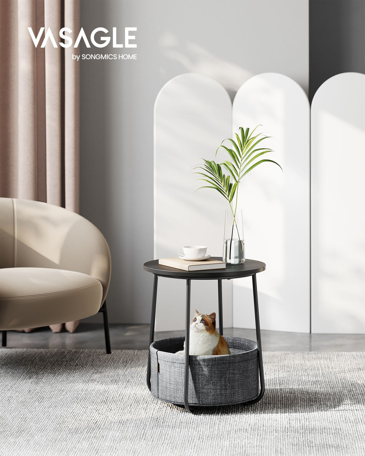 VASAGLE Rundt sidobord med korg – svart 45x50 cm soffbord