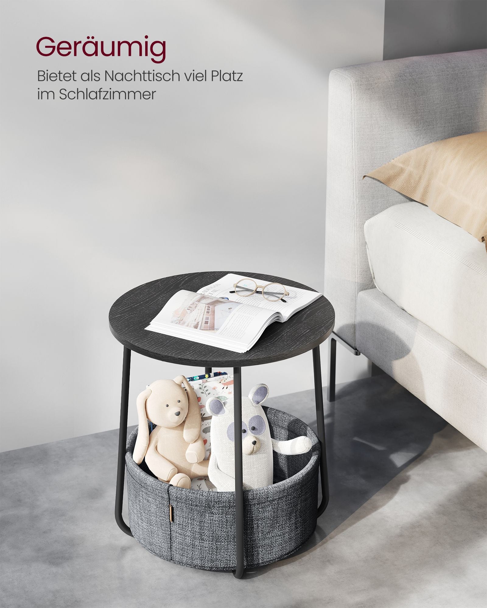 VASAGLE Pyöreä sivupöytä korilla – musta 45x50 cm sohvapöytä