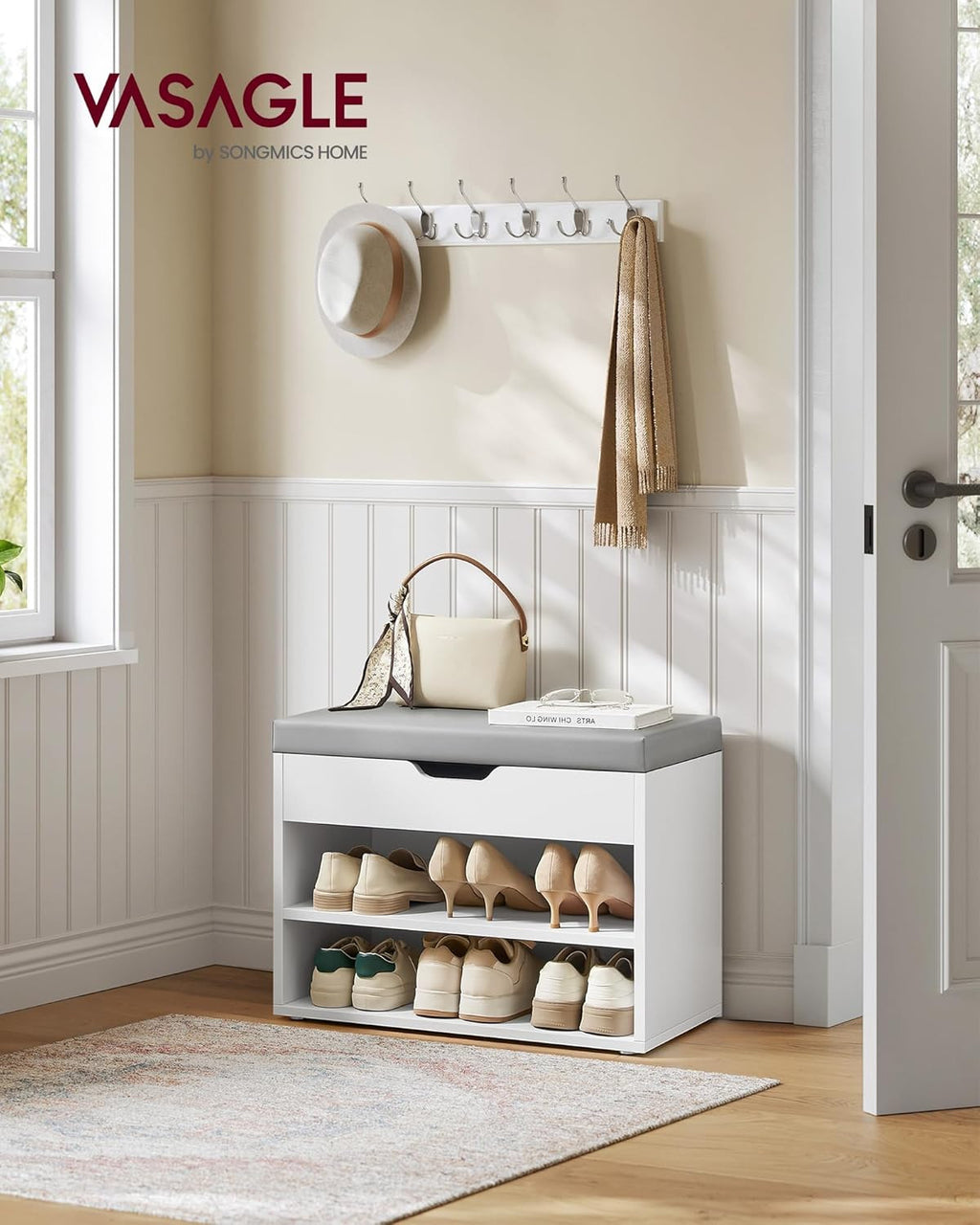 VASAGLE Säilytystilalla varustettu kenkäpenkki – valkoinen eteispenkki pehmustetulla PU-istuimella