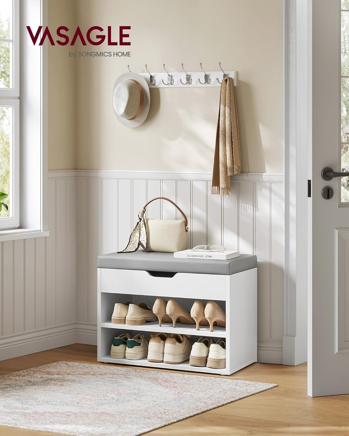 VASAGLE Säilytystilalla varustettu kenkäpenkki – valkoinen eteispenkki pehmustetulla PU-istuimella