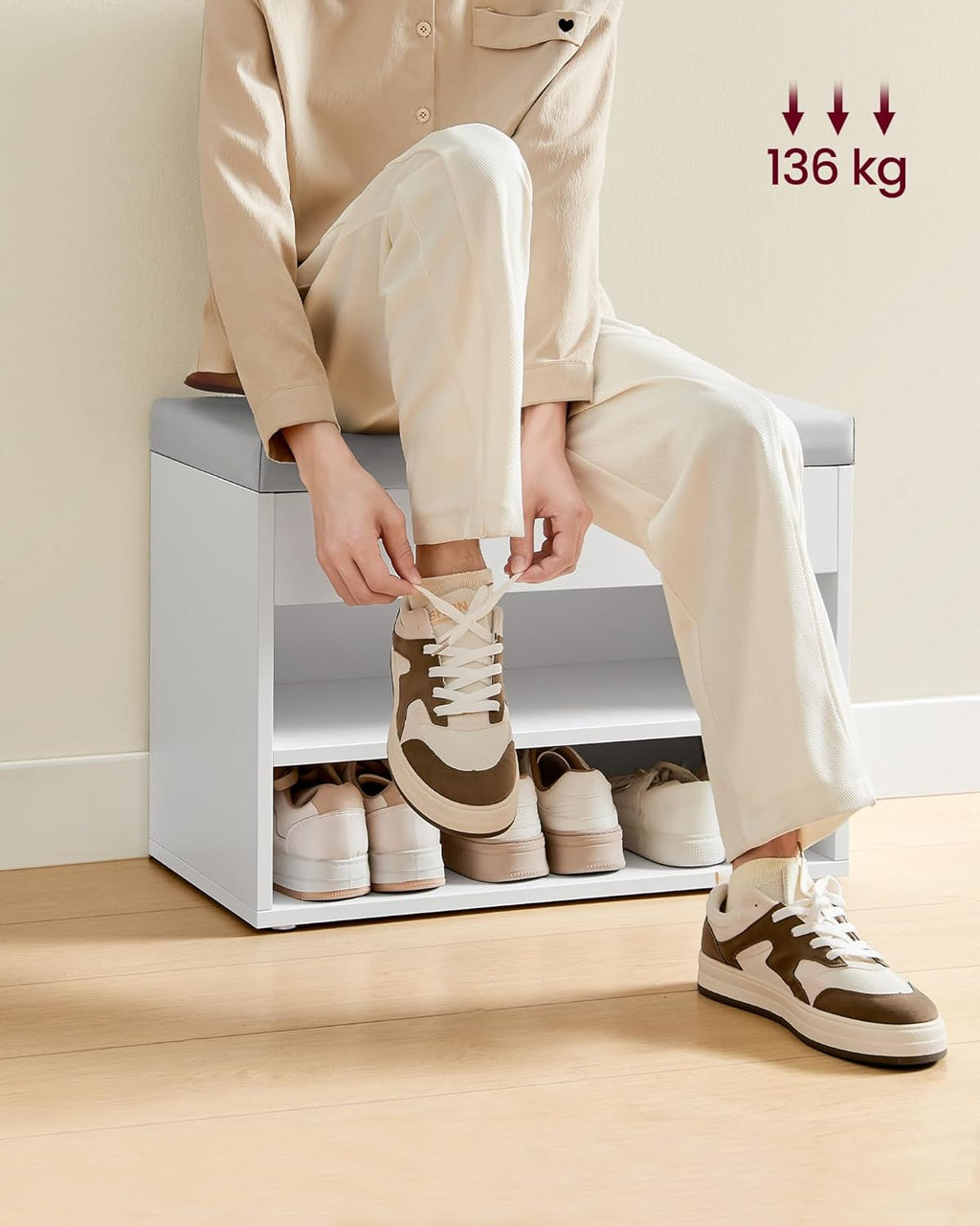 VASAGLE Säilytystilalla varustettu kenkäpenkki – valkoinen eteispenkki pehmustetulla PU-istuimella