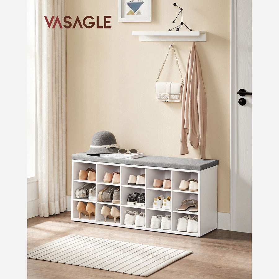VASAGLE Tilava kenkäpenkki eteiseen – 15 lokeroa, pehmustettu istuin, valkoinen/harmaa, 200 kg