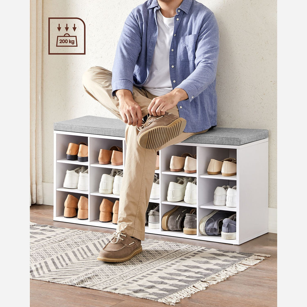 VASAGLE Tilava kenkäpenkki eteiseen – 15 lokeroa, pehmustettu istuin, valkoinen/harmaa, 200 kg