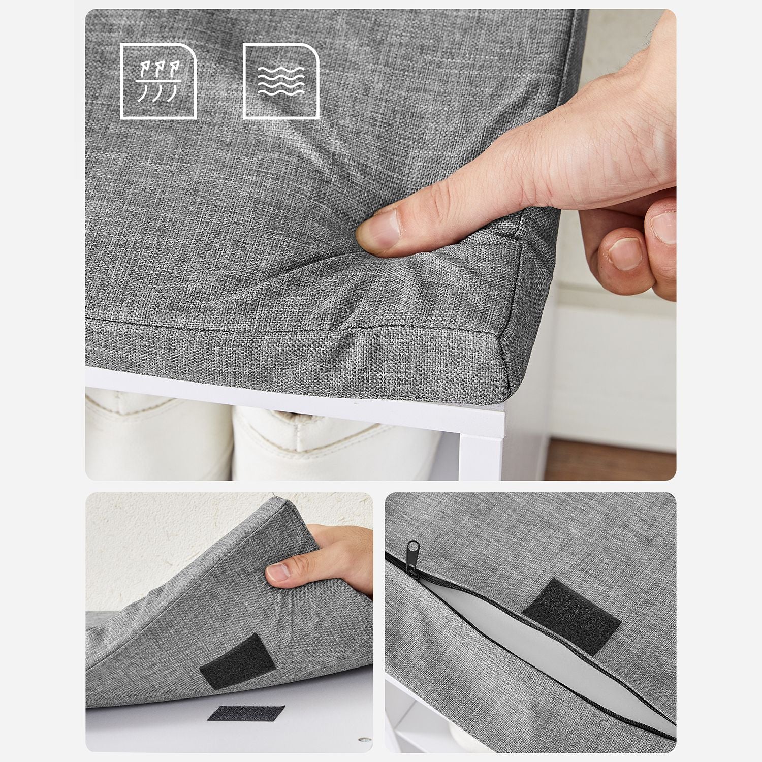 VASAGLE Tilava kenkäpenkki eteiseen – 15 lokeroa, pehmustettu istuin, valkoinen/harmaa, 200 kg