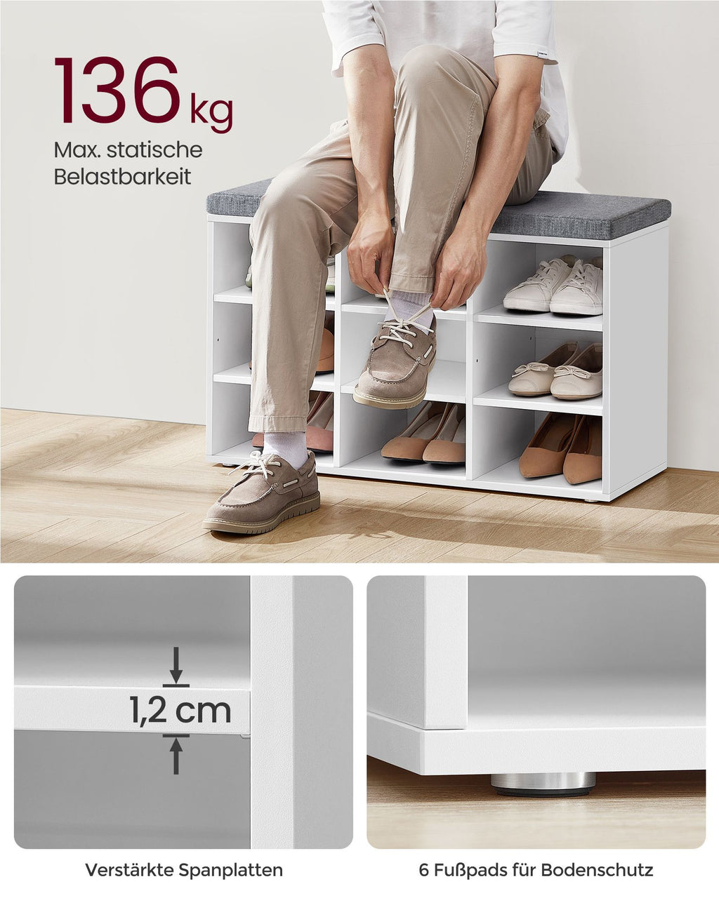 VASAGLE Monikäyttöinen kenkäpenkki eteiseen – 9 lokeroa, pestävä tyyny, valkoinen/harmaa