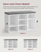 VASAGLE Monikäyttöinen kenkäpenkki eteiseen – 9 lokeroa, pestävä tyyny, valkoinen/harmaa