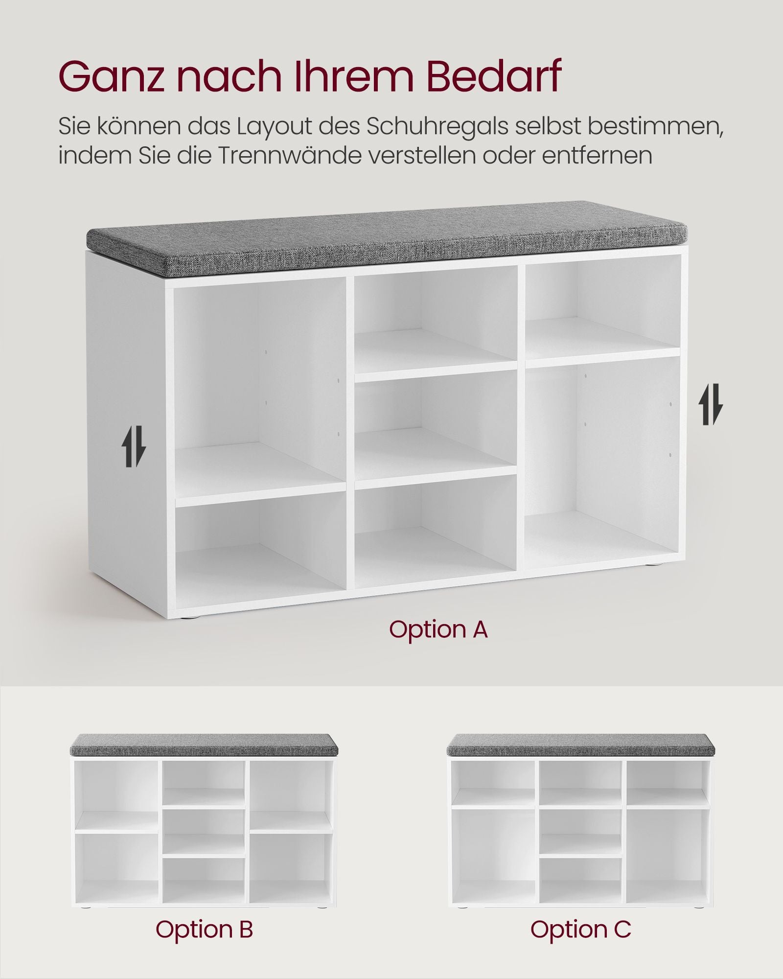 VASAGLE Monikäyttöinen kenkäpenkki eteiseen – 9 lokeroa, pestävä tyyny, valkoinen/harmaa