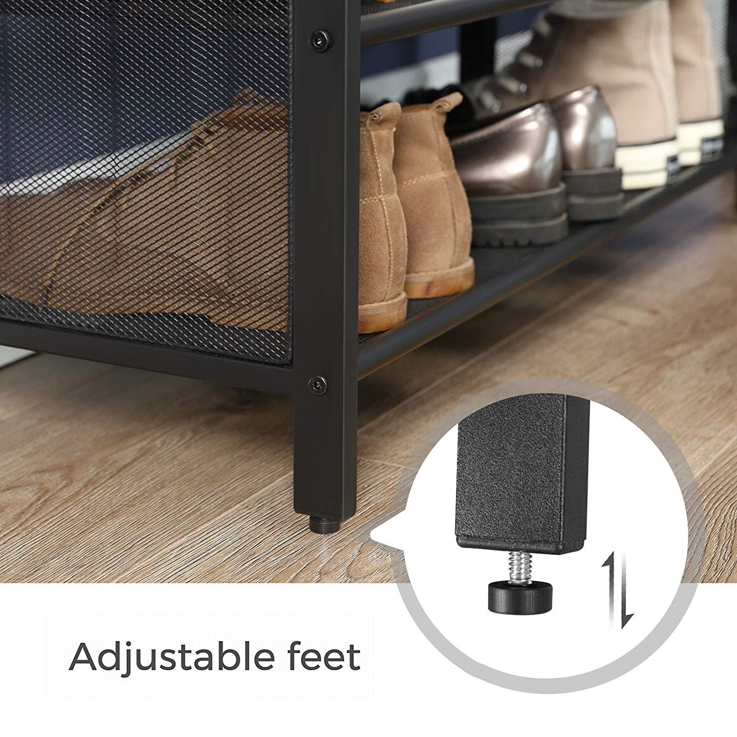 VASAGLE Rustiikkinen kenkäpenkki kahdella metallihyllyllä ja keinonahkaisella istuimella, teollista tyyliä eteiseen