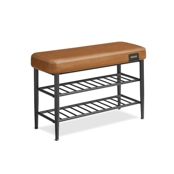 VASAGLE EKHO Skobänk med sits i konstläder, 8 cm, och tre hyllor, karamellfärgad, robust stålram