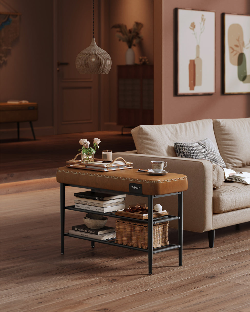 VASAGLE EKHO Kenkäpenkki keinonahkaisella 8 cm istuimella ja kolmella hyllyllä, karamellinvärinen, tukeva teräsrunko