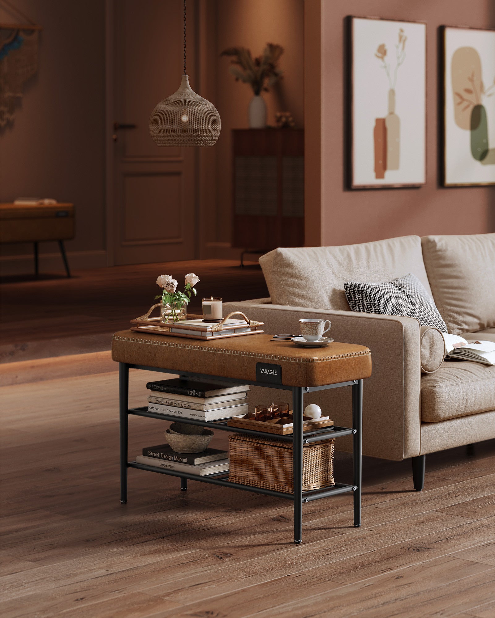 VASAGLE EKHO Kenkäpenkki keinonahkaisella 8 cm istuimella ja kolmella hyllyllä, karamellinvärinen, tukeva teräsrunko