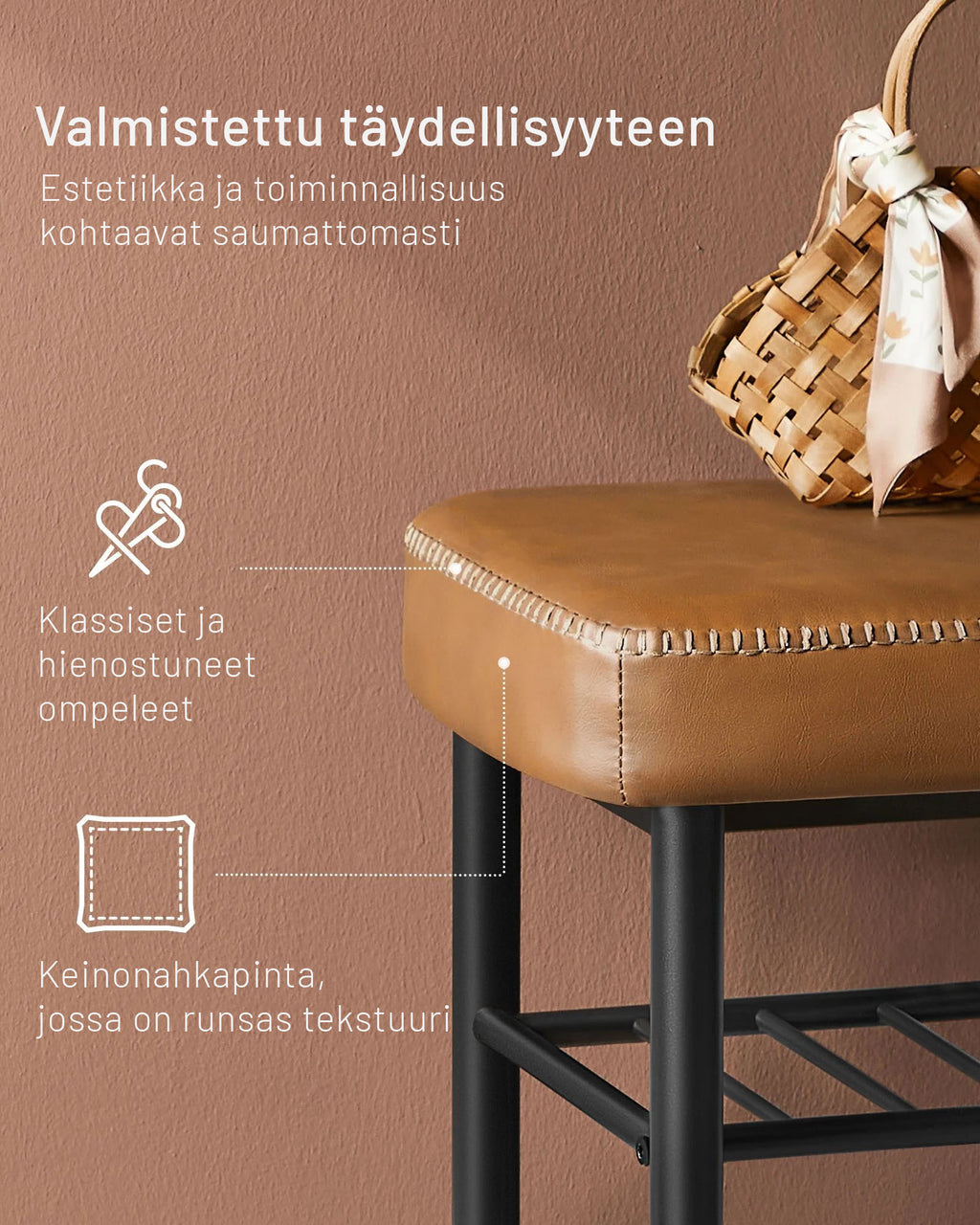 VASAGLE EKHO Kenkäpenkki keinonahkaisella 8 cm istuimella ja kolmella hyllyllä, karamellinvärinen, tukeva teräsrunko