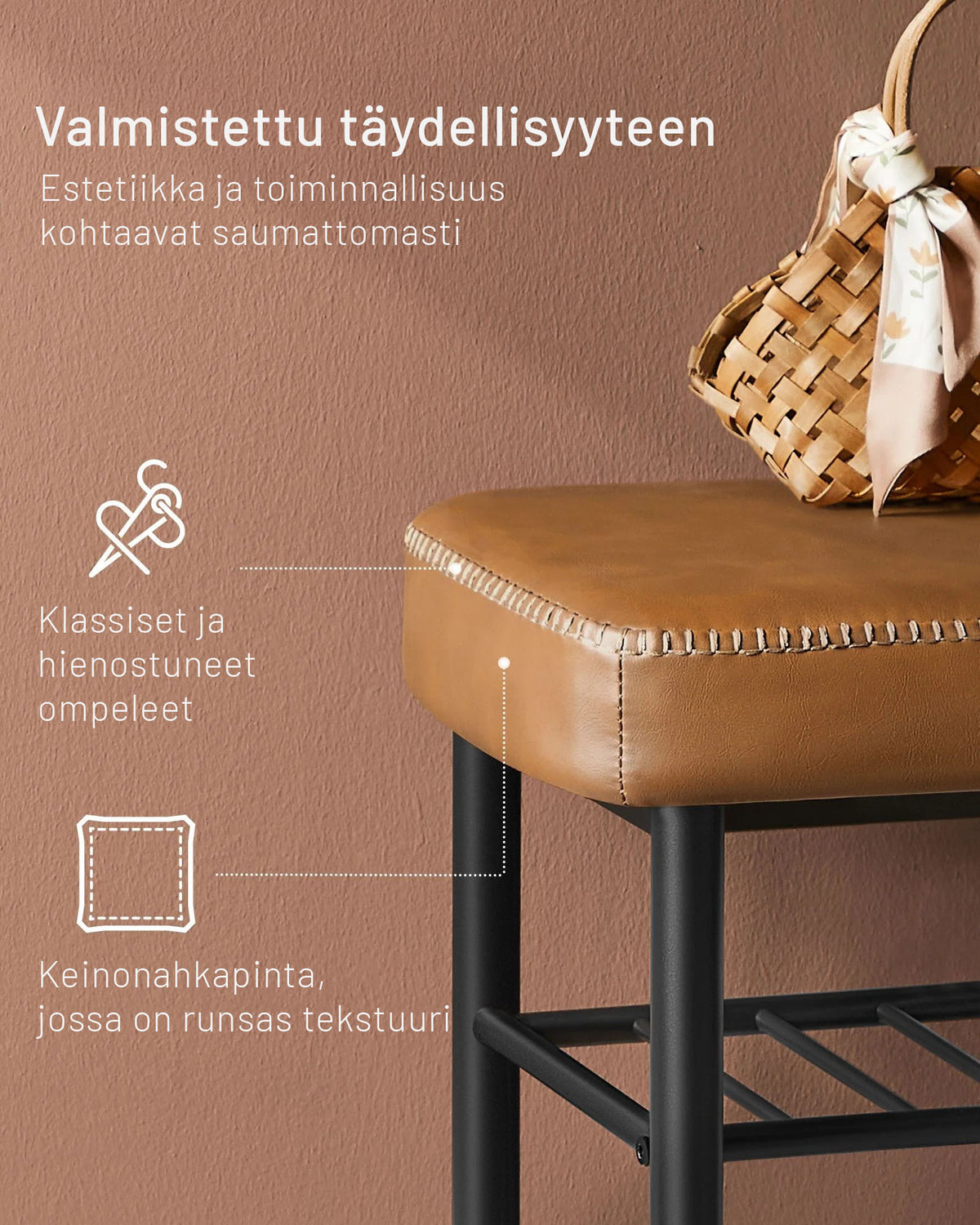 VASAGLE EKHO Skobänk med sits i konstläder, 8 cm, och tre hyllor, karamellfärgad, robust stålram