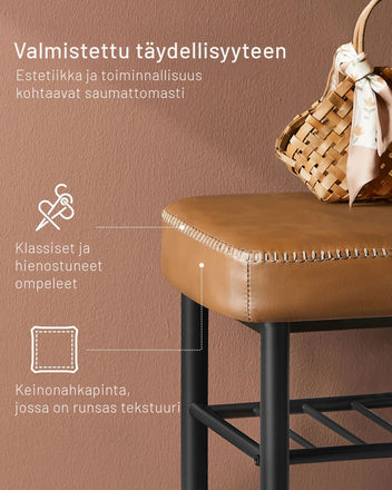 VASAGLE EKHO Skobänk med sits i konstläder, 8 cm, och tre hyllor, karamellfärgad, robust stålram