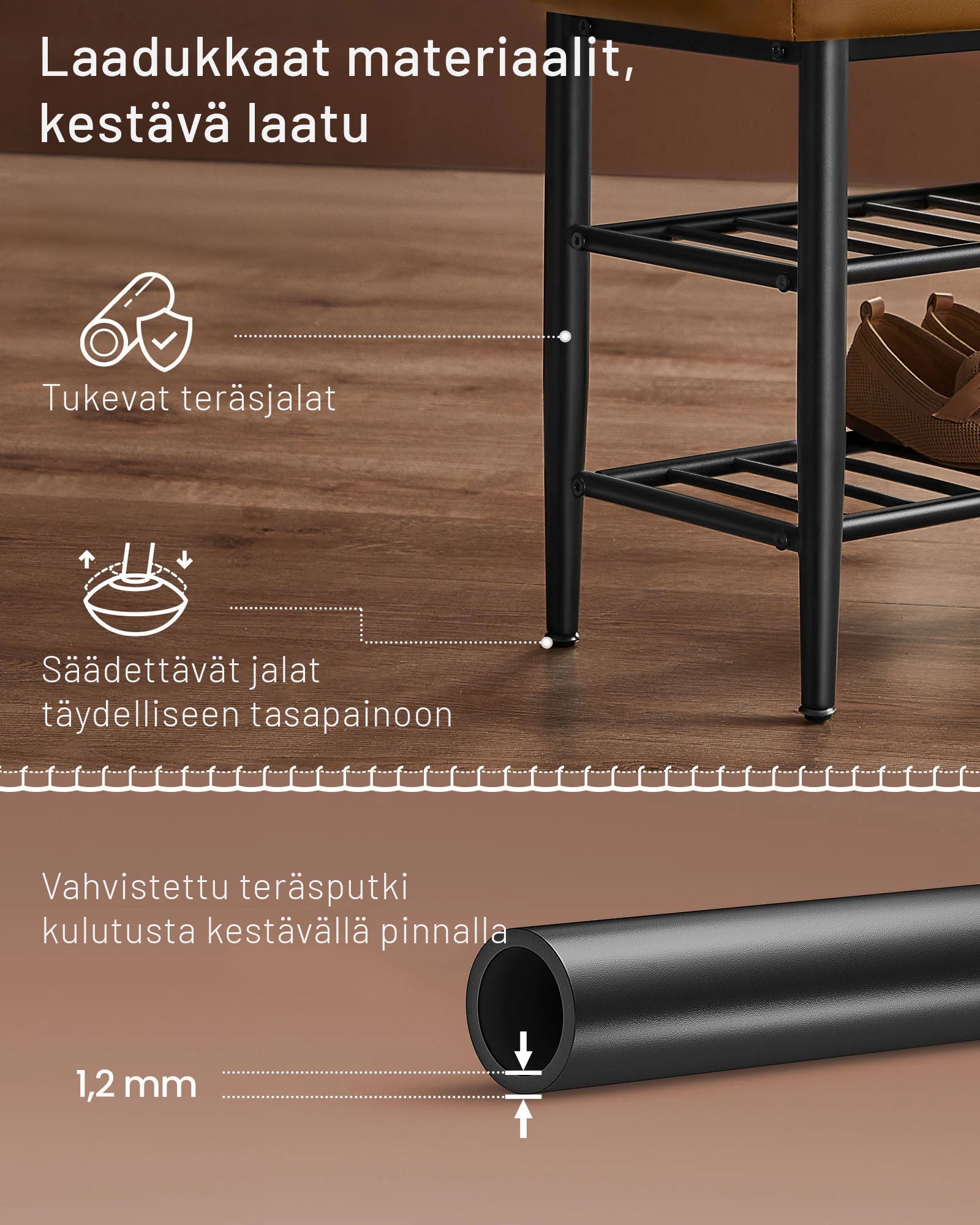 VASAGLE EKHO Kenkäpenkki keinonahkaisella 8 cm istuimella ja kolmella hyllyllä, karamellinvärinen, tukeva teräsrunko