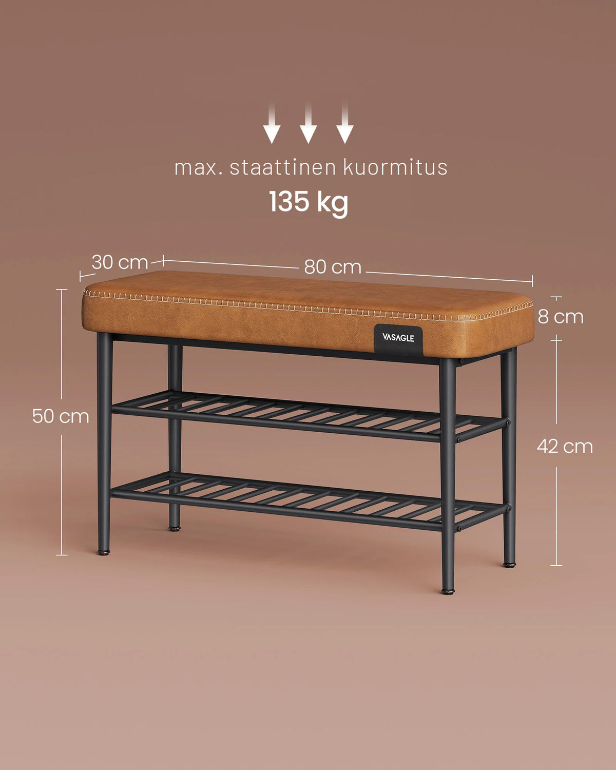 VASAGLE EKHO Skobänk med sits i konstläder, 8 cm, och tre hyllor, karamellfärgad, robust stålram