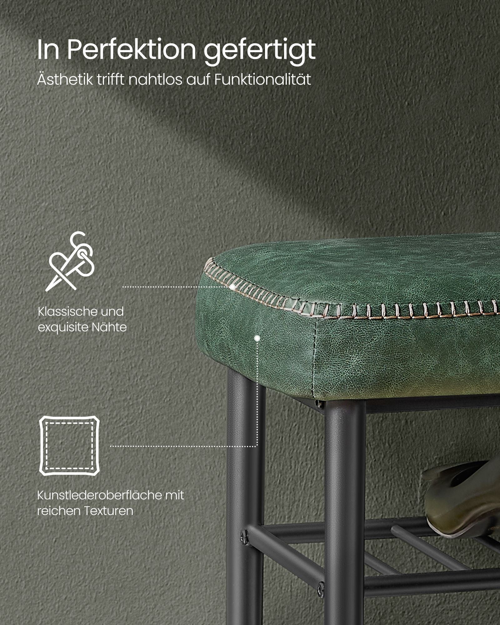 VASAGLE EKHO-mallisto Kenkäpenkki keinonahkaisella istuimella ja kolmella hyllyllä, metsänvihreä, tukeva teräsrunko