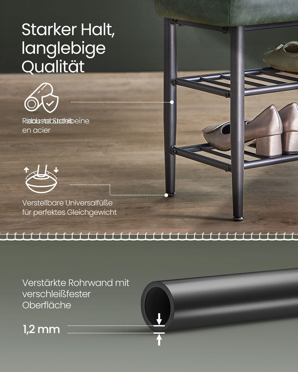 VASAGLE EKHO-mallisto Kenkäpenkki keinonahkaisella istuimella ja kolmella hyllyllä, metsänvihreä, tukeva teräsrunko