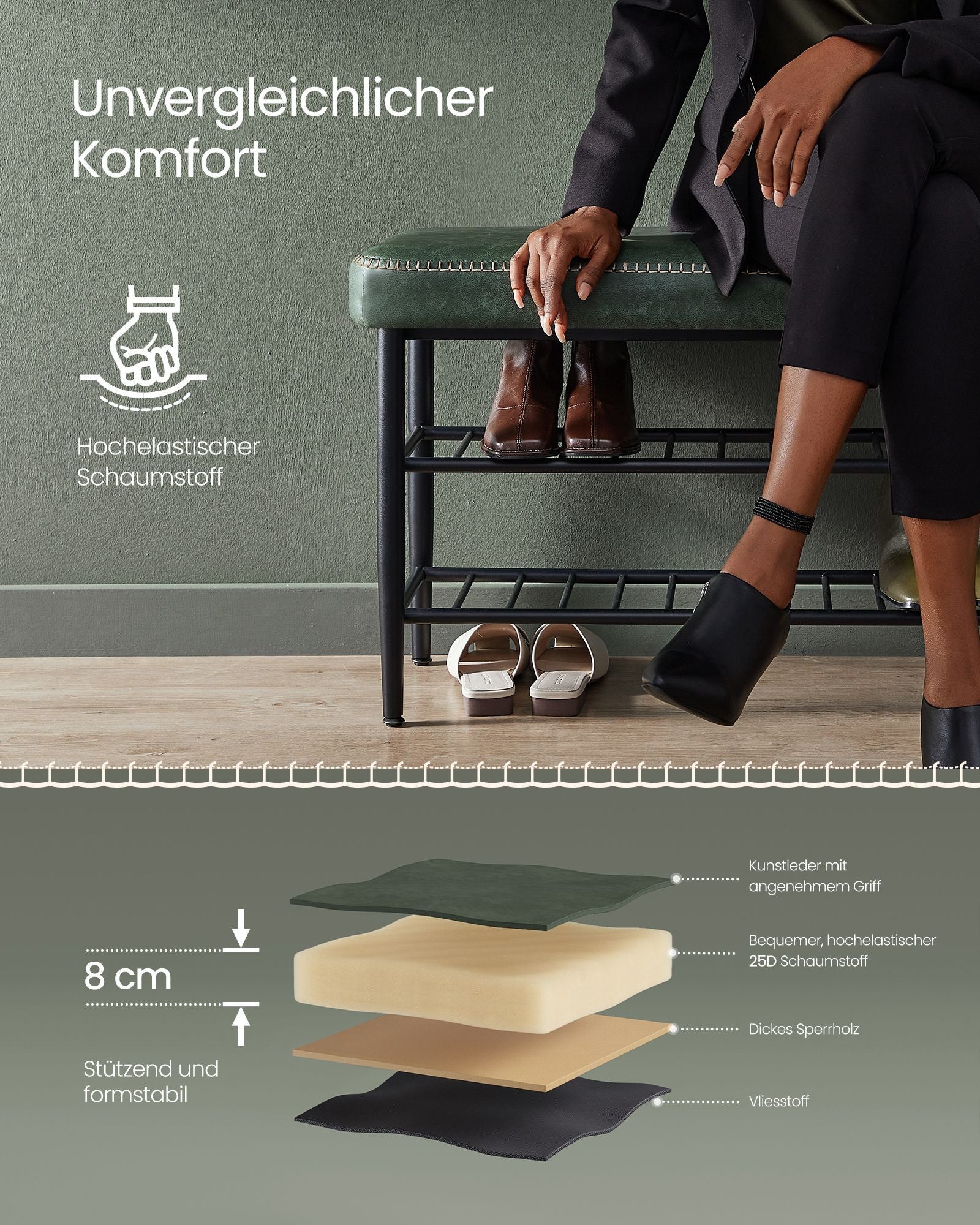 VASAGLE EKHO-mallisto Kenkäpenkki keinonahkaisella istuimella ja kolmella hyllyllä, metsänvihreä, tukeva teräsrunko