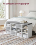 VASAGLE Kenkäpenkki 12 lokerolla, istuintyynyllä ja säädettävillä hyllyillä, valkoinen/harmaa