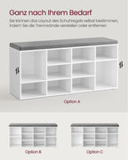 VASAGLE Kenkäpenkki 12 lokerolla, istuintyynyllä ja säädettävillä hyllyillä, valkoinen/harmaa