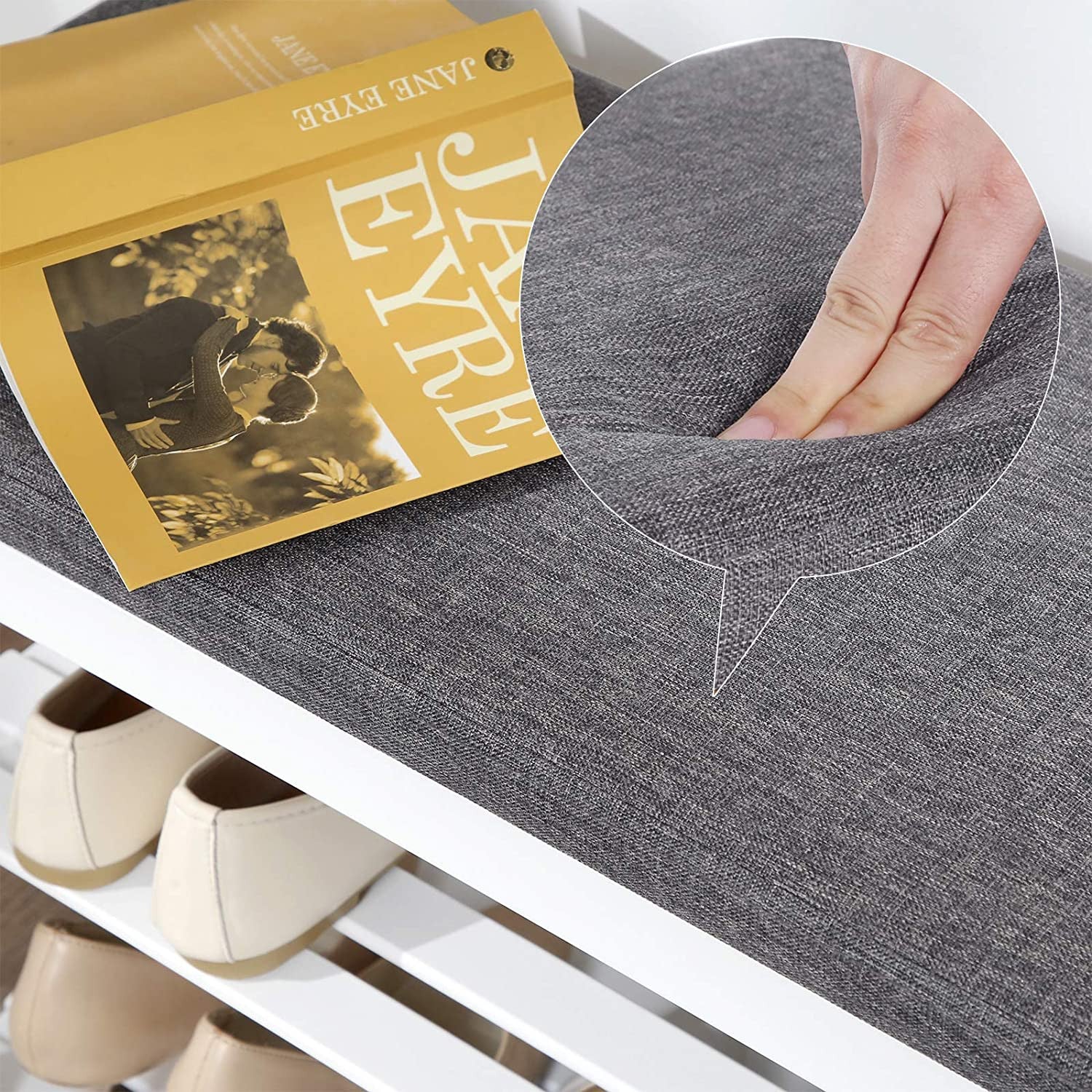 Mukava kenkäpenkki bamburungolla ja pehmustetulla istuimella – valkoinen/harmaa, 71 cm