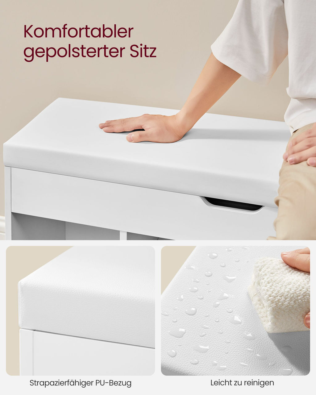 VASAGLE Monikäyttöinen valkoinen kenkäpenkki säilytystilalla ja pehmustetulla PU-istuimella – 100 cm