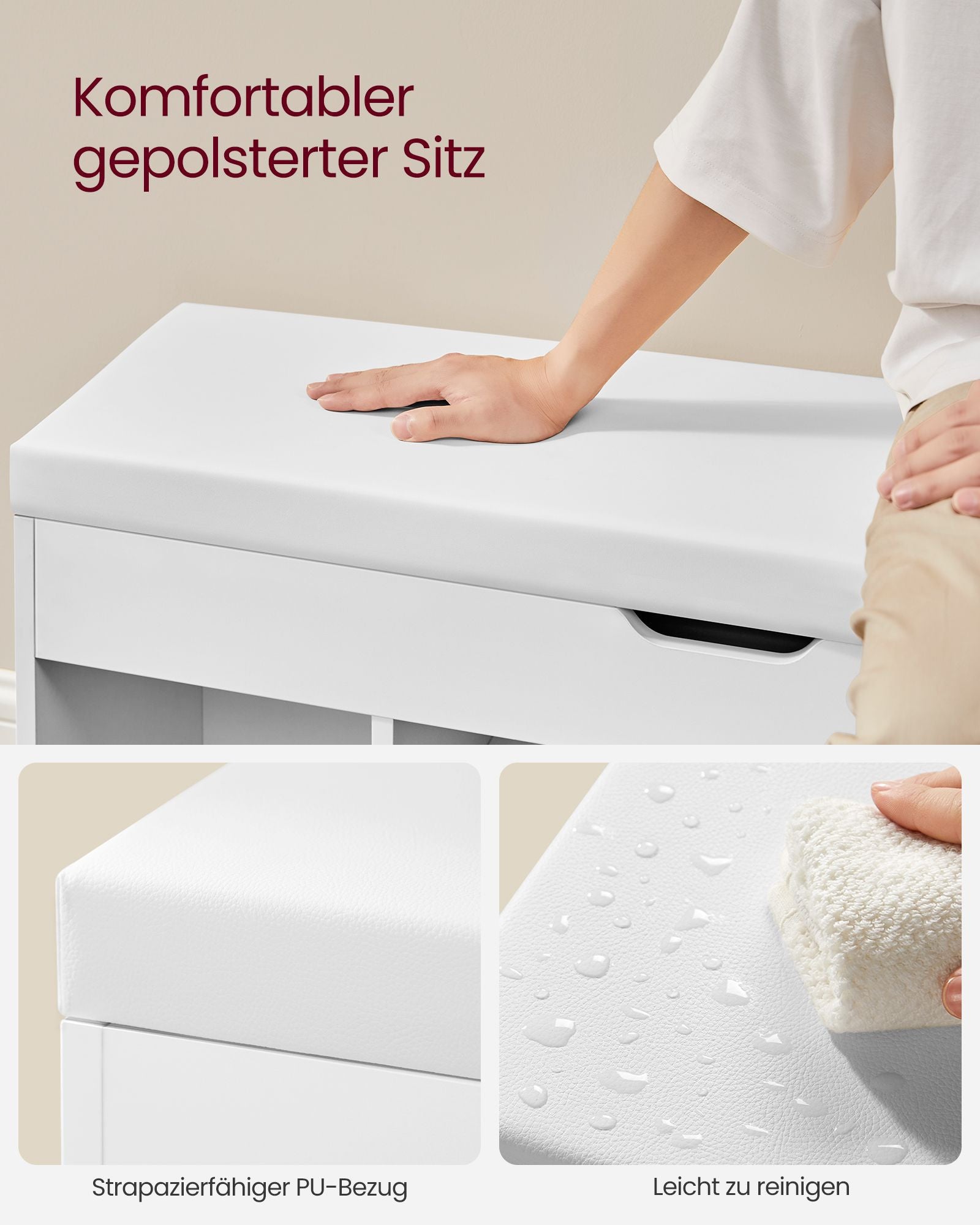 VASAGLE Monikäyttöinen valkoinen kenkäpenkki säilytystilalla ja pehmustetulla PU-istuimella – 100 cm