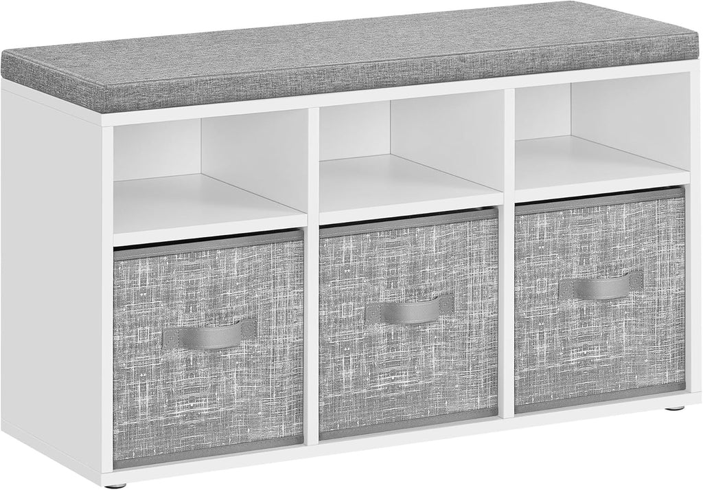 VASAGLE Monikäyttöinen kenkäpenkki säilytyslaatikoilla ja pehmustetulla istuimella – pilvenvalkoinen/kyyhkynharmaa