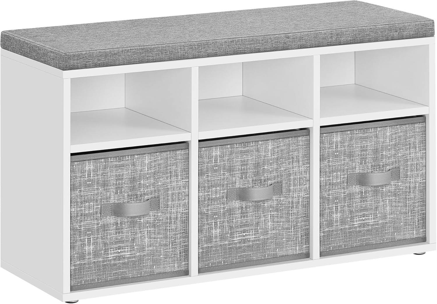 VASAGLE Monikäyttöinen kenkäpenkki säilytyslaatikoilla ja pehmustetulla istuimella – pilvenvalkoinen/kyyhkynharmaa