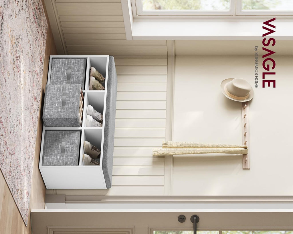 VASAGLE Monikäyttöinen kenkäpenkki säilytyslaatikoilla ja pehmustetulla istuimella – pilvenvalkoinen/kyyhkynharmaa