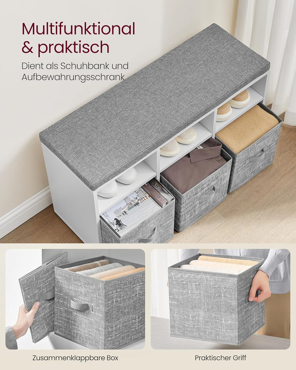 VASAGLE Monikäyttöinen kenkäpenkki säilytyslaatikoilla ja pehmustetulla istuimella – pilvenvalkoinen/kyyhkynharmaa