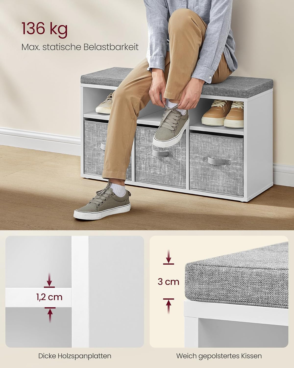 VASAGLE Monikäyttöinen kenkäpenkki säilytyslaatikoilla ja pehmustetulla istuimella – pilvenvalkoinen/kyyhkynharmaa