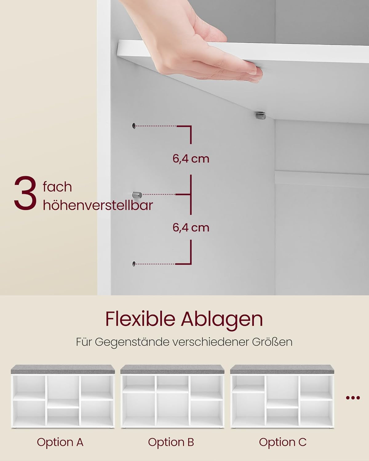 VASAGLE Monikäyttöinen kenkäpenkki säilytyslaatikoilla ja pehmustetulla istuimella – pilvenvalkoinen/kyyhkynharmaa