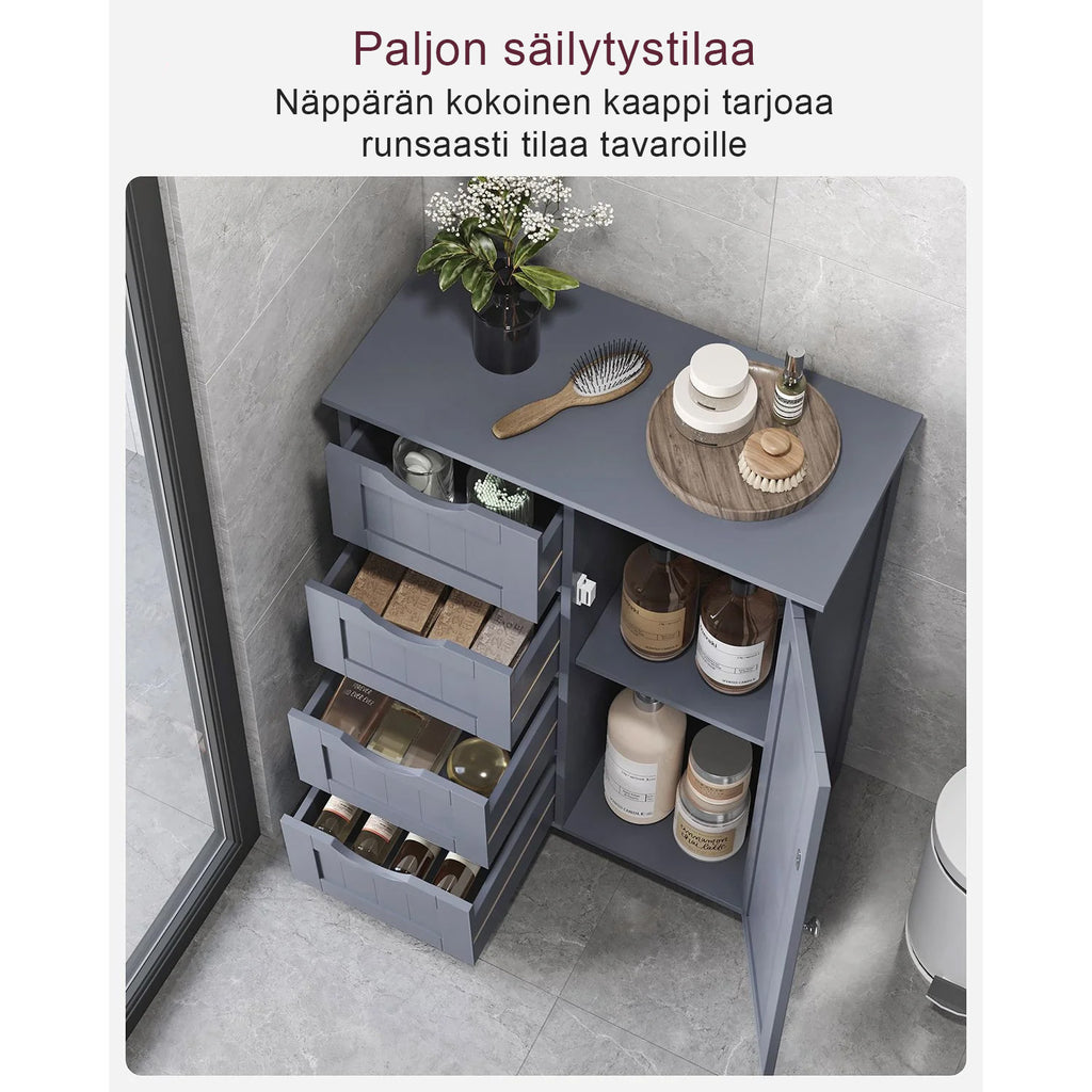 VASAGLE Harmaa kylpyhuonekaappi laatikoilla – Kompakti säilytyskaappi ovella ja säädettävällä hyllyllä