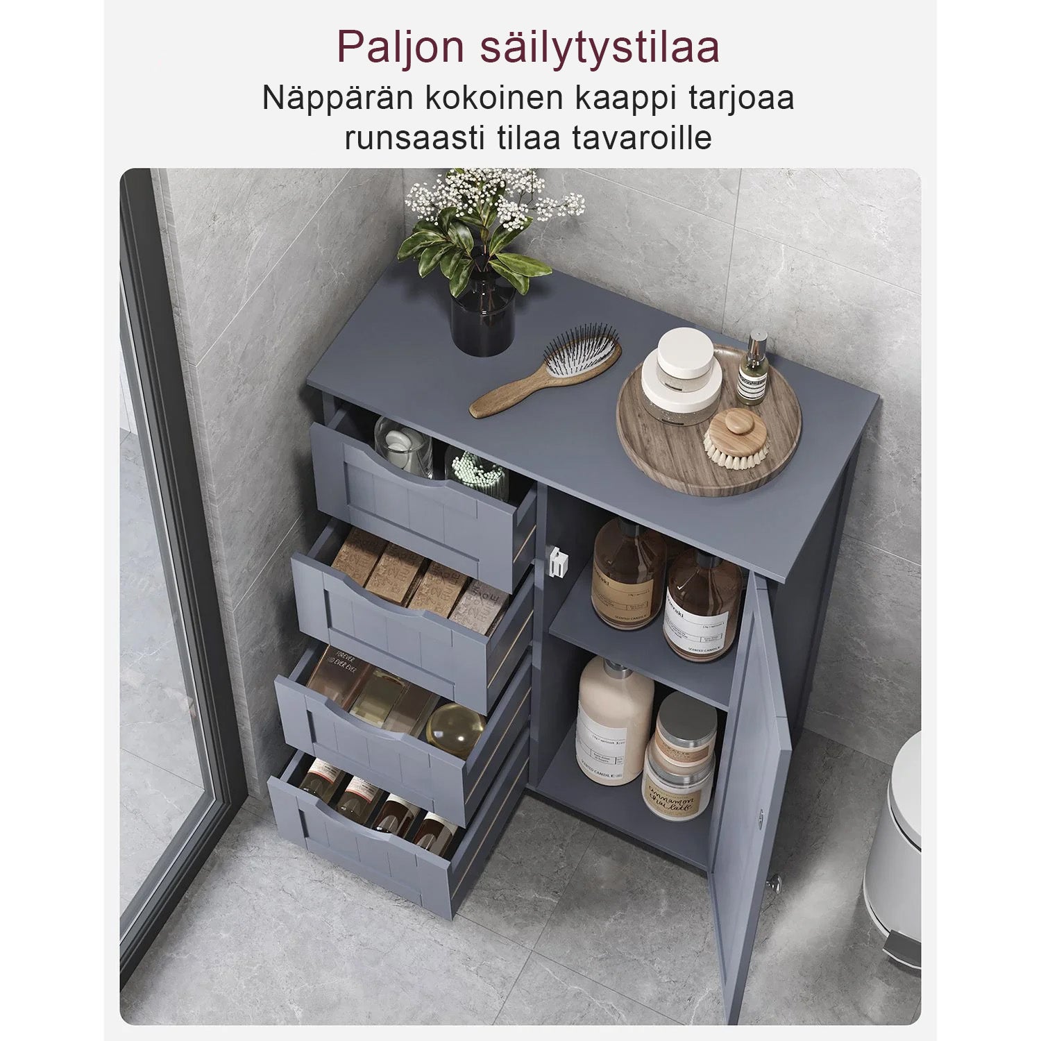 VASAGLE Harmaa kylpyhuonekaappi laatikoilla – Kompakti säilytyskaappi ovella ja säädettävällä hyllyllä