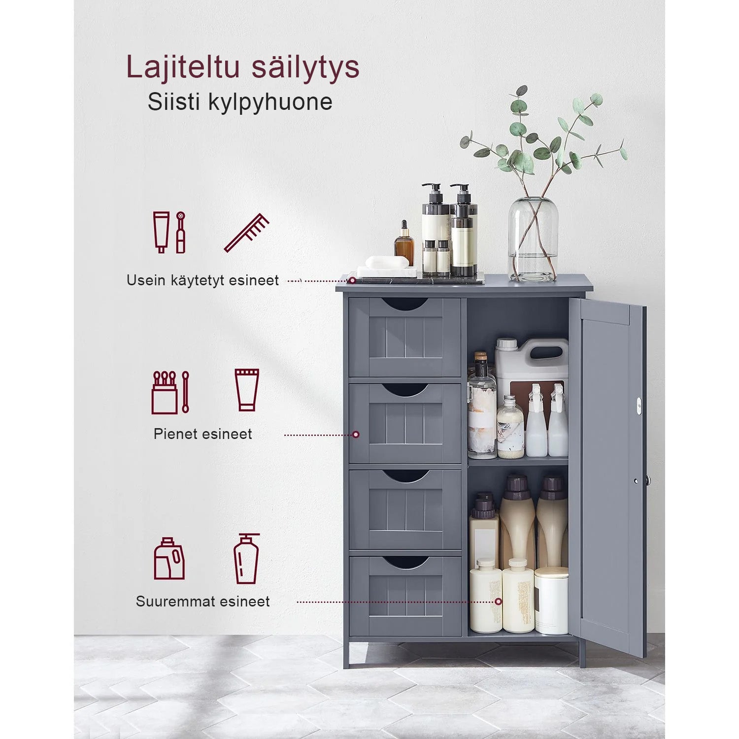 VASAGLE Harmaa kylpyhuonekaappi laatikoilla – Kompakti säilytyskaappi ovella ja säädettävällä hyllyllä