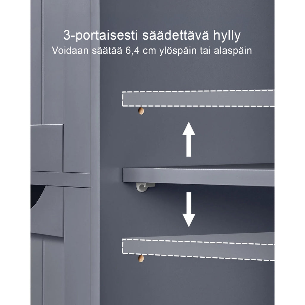 VASAGLE Harmaa kylpyhuonekaappi laatikoilla – Kompakti säilytyskaappi ovella ja säädettävällä hyllyllä