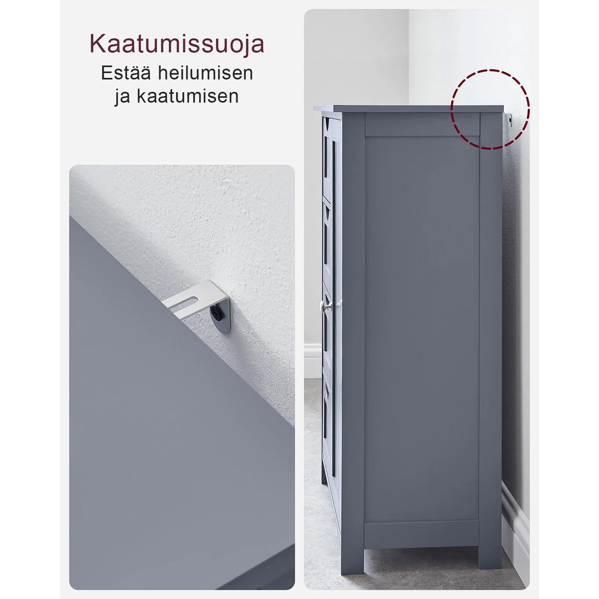 VASAGLE Harmaa kylpyhuonekaappi laatikoilla – Kompakti säilytyskaappi ovella ja säädettävällä hyllyllä