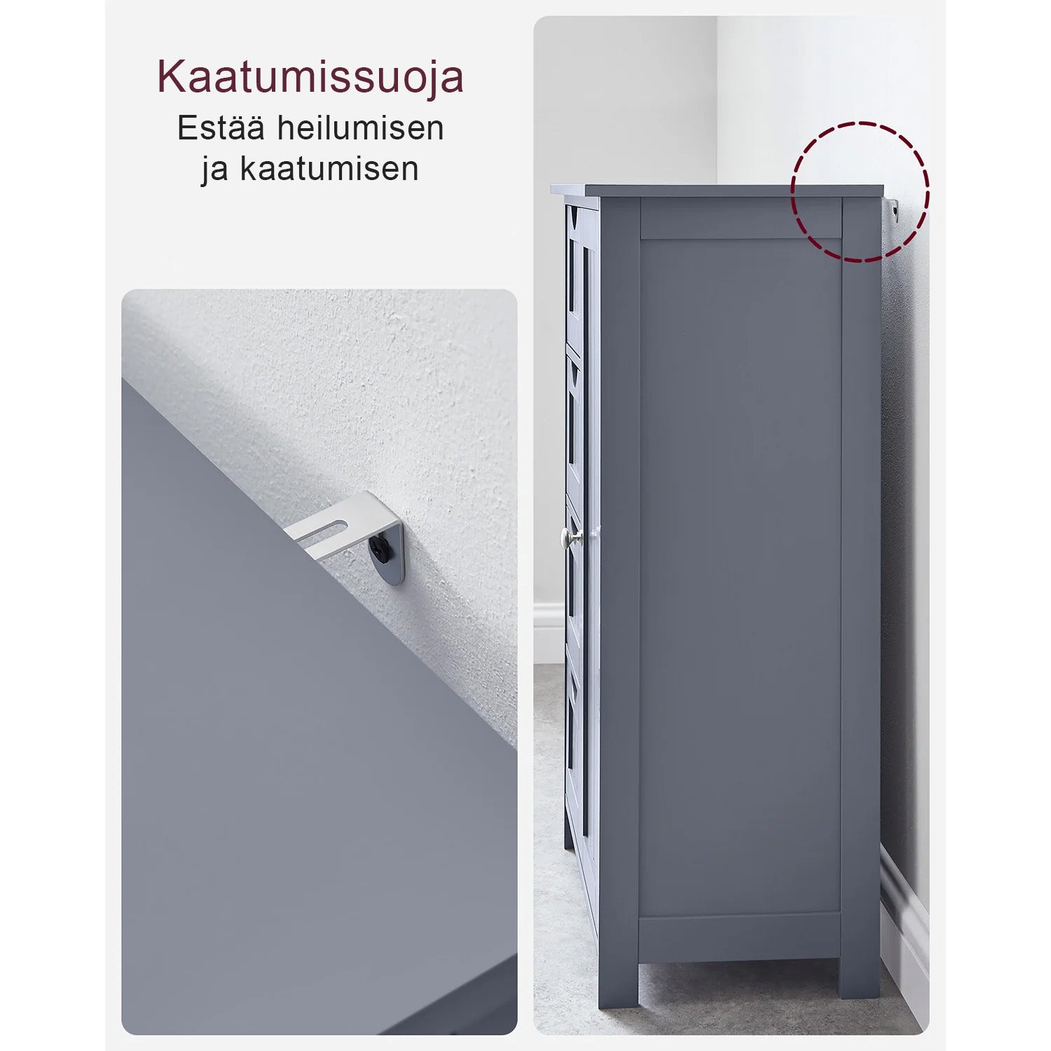 VASAGLE Harmaa kylpyhuonekaappi laatikoilla – Kompakti säilytyskaappi ovella ja säädettävällä hyllyllä