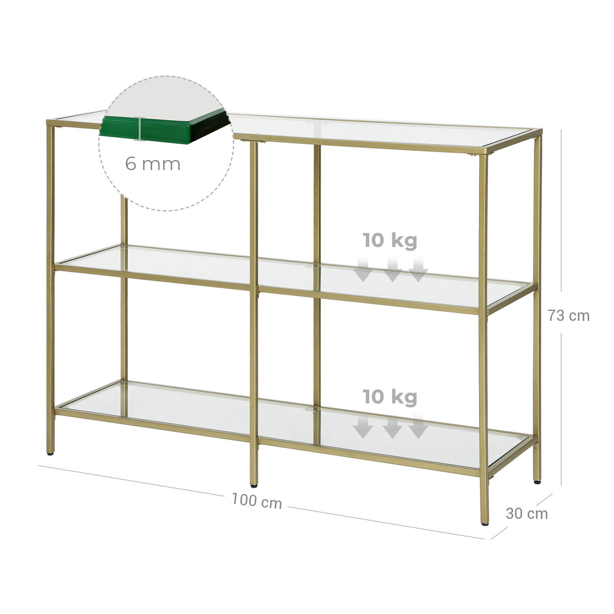 VASAGLE Modernt konsolbord i tre nivåer i glas – guldfärgad stålram, 100 cm