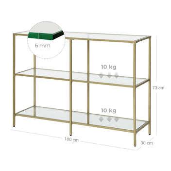 VASAGLE Modernt konsolbord i tre nivåer i glas – guldfärgad stålram, 100 cm