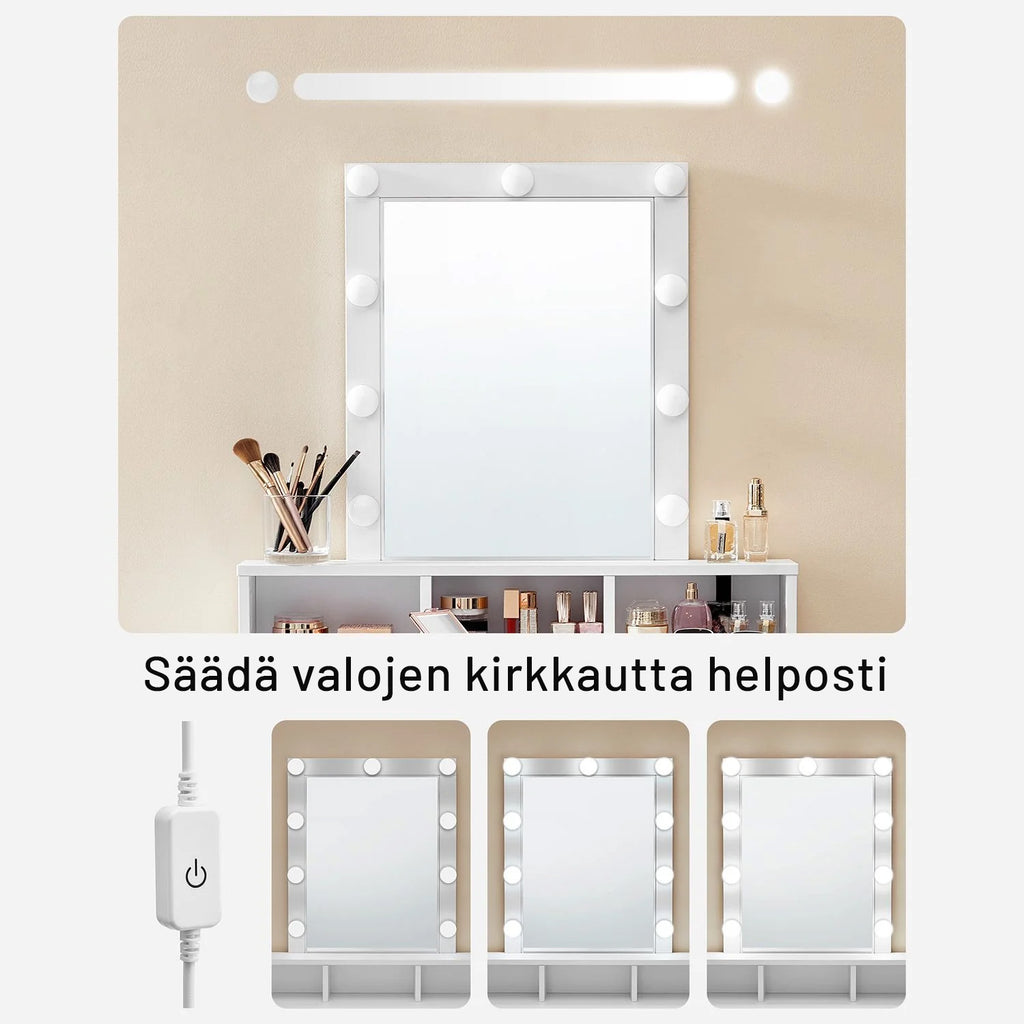 VASAGLE Valollinen meikkipöytä peilillä – 9 himmennettävää LED-valoa, säilytystilaa ja moderni valkoinen design