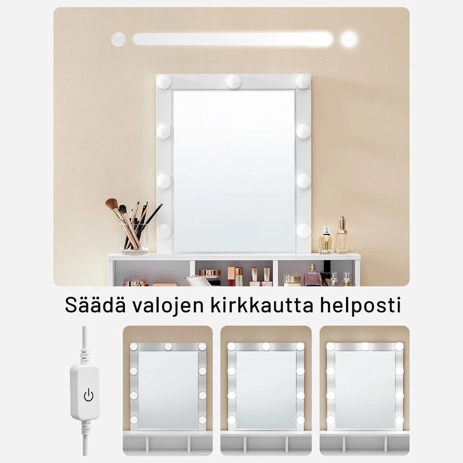 VASAGLE Valollinen meikkipöytä peilillä – 9 himmennettävää LED-valoa, säilytystilaa ja moderni valkoinen design