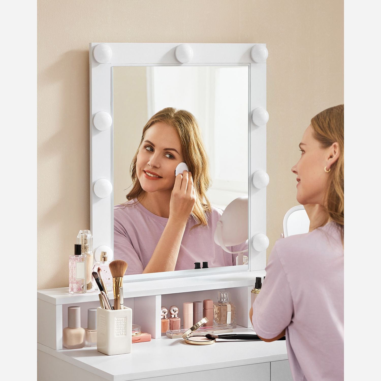 VASAGLE Valollinen meikkipöytä peilillä – 9 himmennettävää LED-valoa, säilytystilaa ja moderni valkoinen design