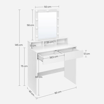 VASAGLE Sminkbord med spegel och belysning – 9 dimbara LED-lampor, förvaringsutrymme och modern vit design