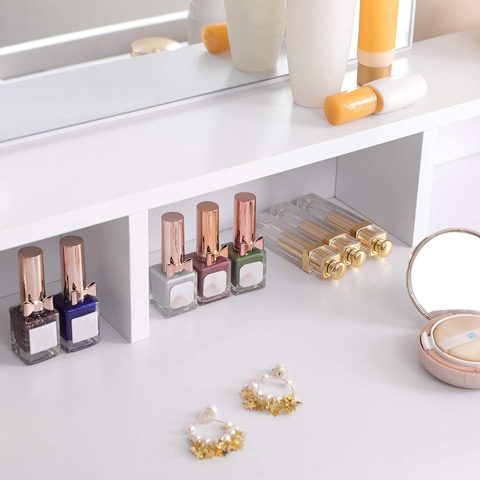 VASAGLE Valkoinen meikkipöytä peilillä – kampauspöytä 2 laatikolla ja säilytyslokeroilla