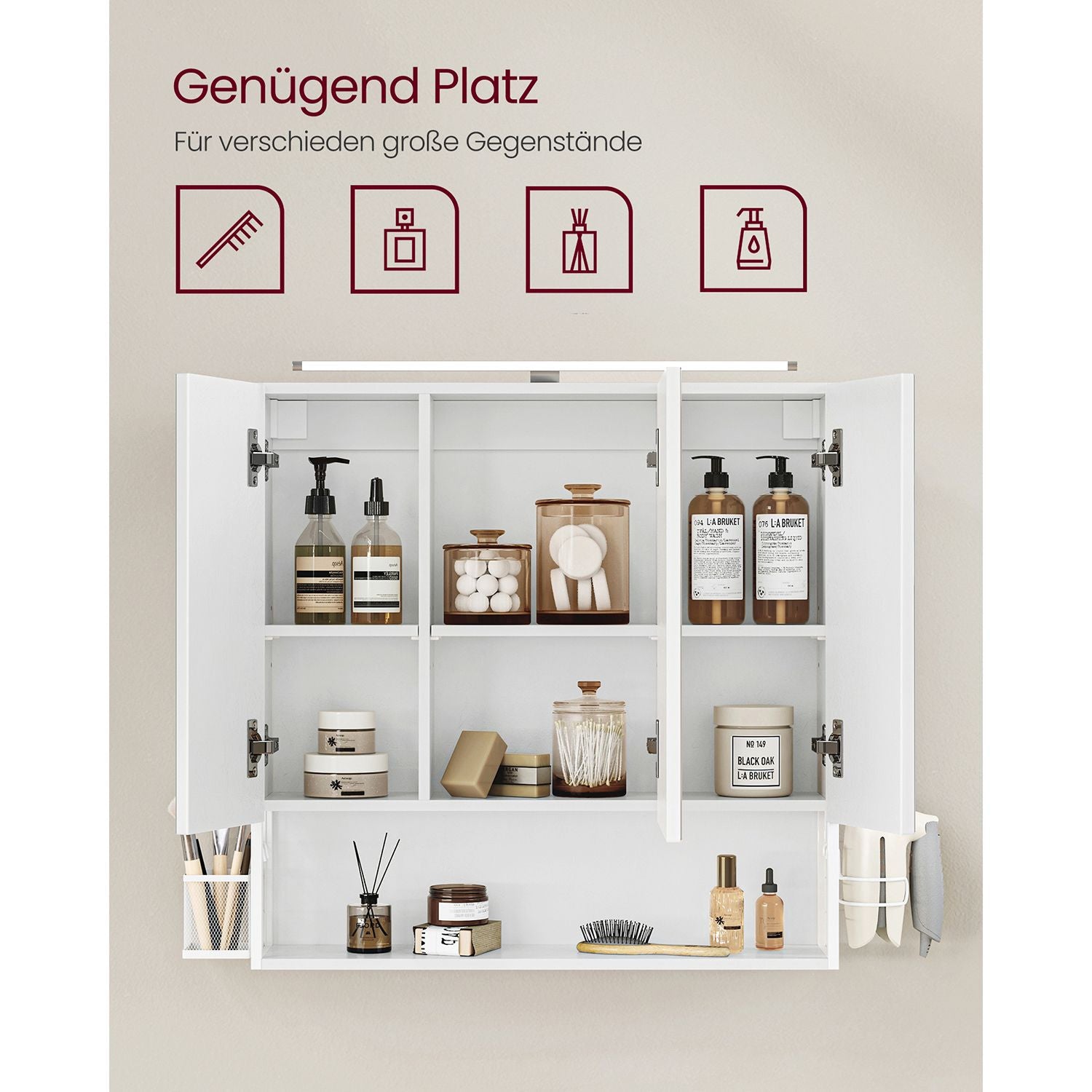 VASAGLE LED-seinäkaappi peilillä – valkoinen kylpyhuonekaappi säilytystilalla ja hiustenkuivaajatelineellä