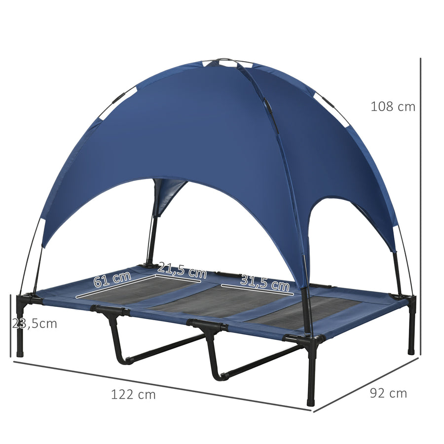 Upphöjd hundsäng med baldakin – grå/svart, 122 cm, max. 50 kg, blå